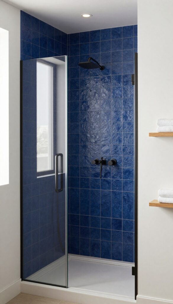 A quadrant shower room with an accent wall of bold navy blue tiles, bright natural light, clean design, and modern decor for small bathroom inspiration.
