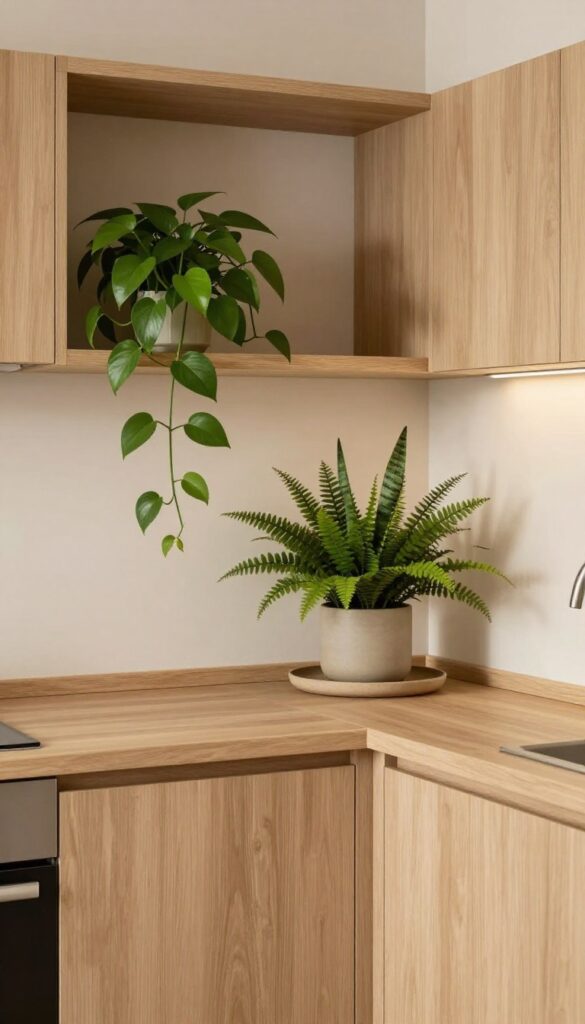 Cozy kitchen with layered low-light plants on shelves and counter