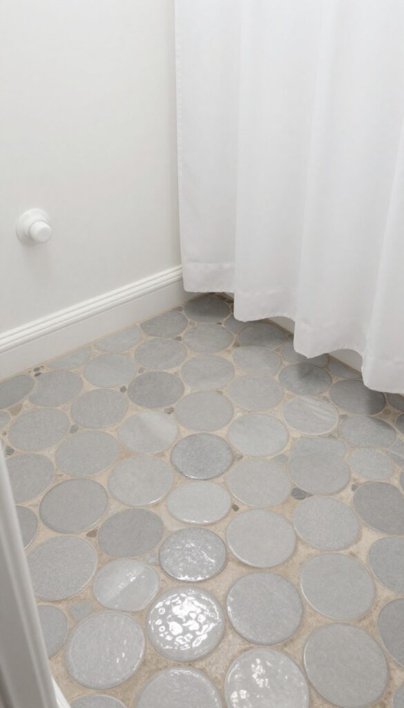 Matte grey penny tile shower floor with warm grout and white fixtures