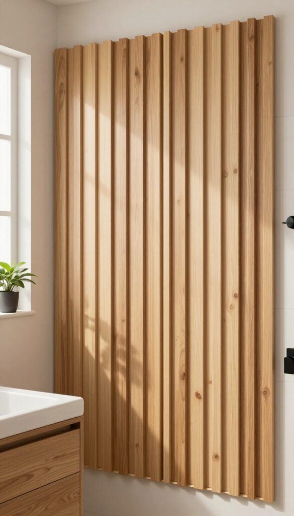 Wooden slat walls in a shower area with natural light and plants, creating a warm and stylish bathroom retreat without glass.