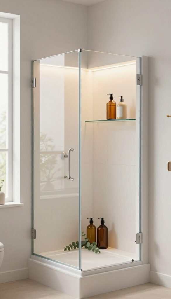 A small glass shower with a recessed niche featuring built-in glass shelving, warm LED backlighting, and neatly arranged toiletries.