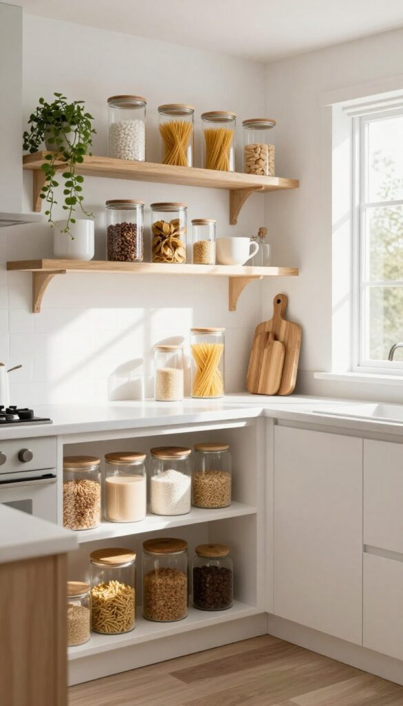 Open shelving in a kitchen with glass canisters, plant, and cutting board, bright natural light.