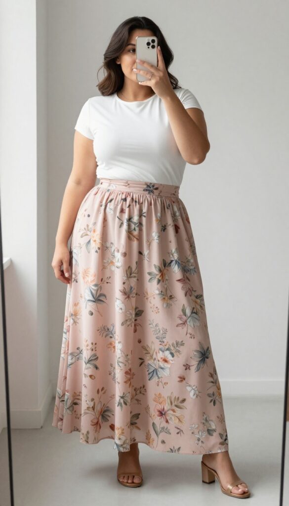 Plus-size woman in a flowy maxi skirt and fitted top taking a mirror selfie, showcasing a balanced and feminine summer outfit.