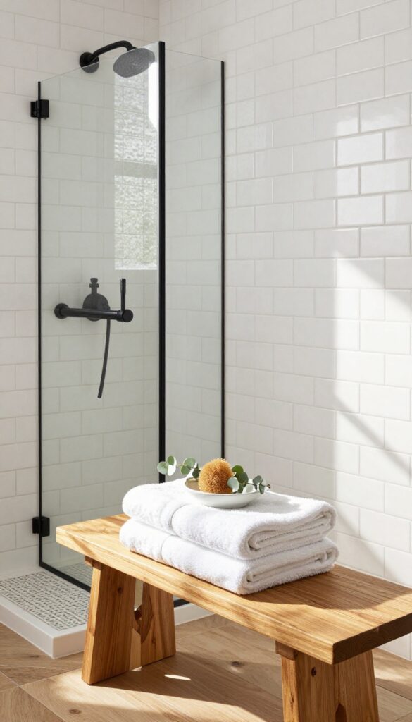 Black and white shower with wooden teak bench, white towels, and eucalyptus plant.