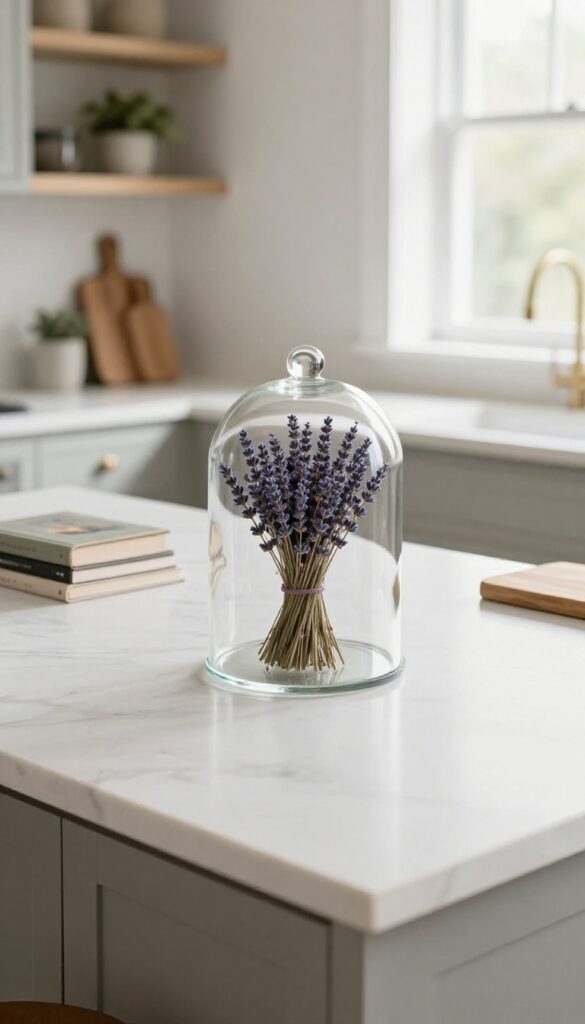 Glass cloche on kitchen island with dried lavender and cookbooks