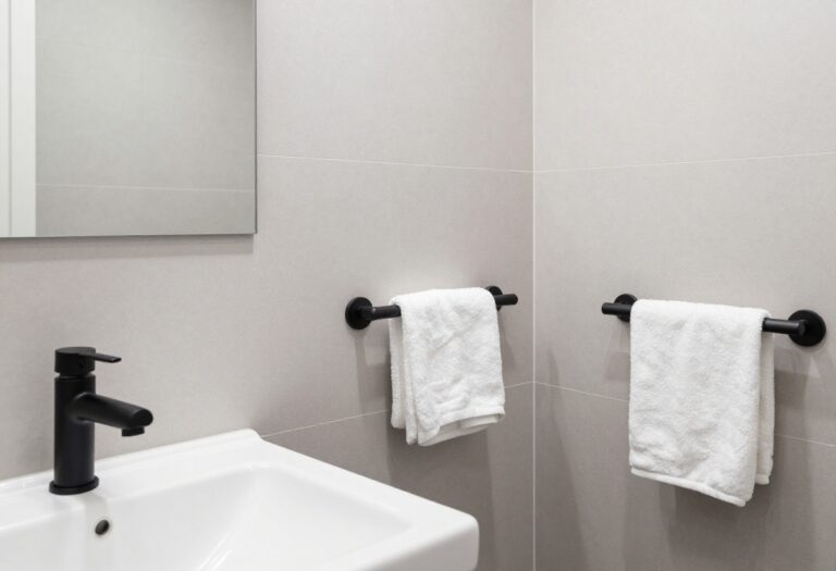 Modern men's bathroom with matte black fixtures in bright natural light, showcasing clean lines and practical upgrades for a blog featured image.
