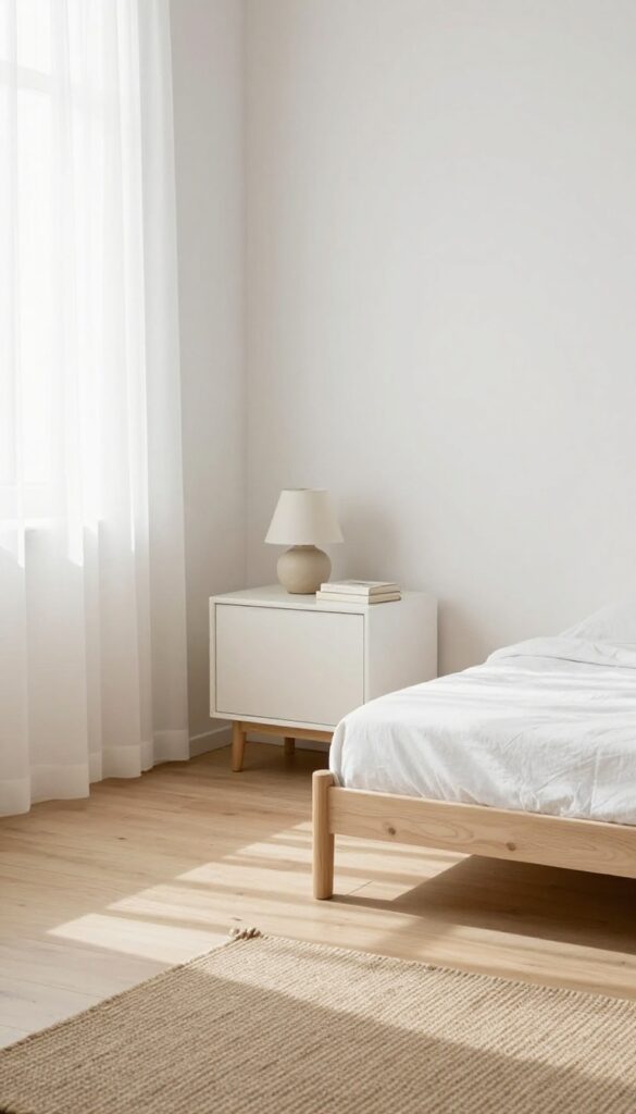 Minimalist tiny bedroom with a bed, nightstand, and open space, bathed in natural light.