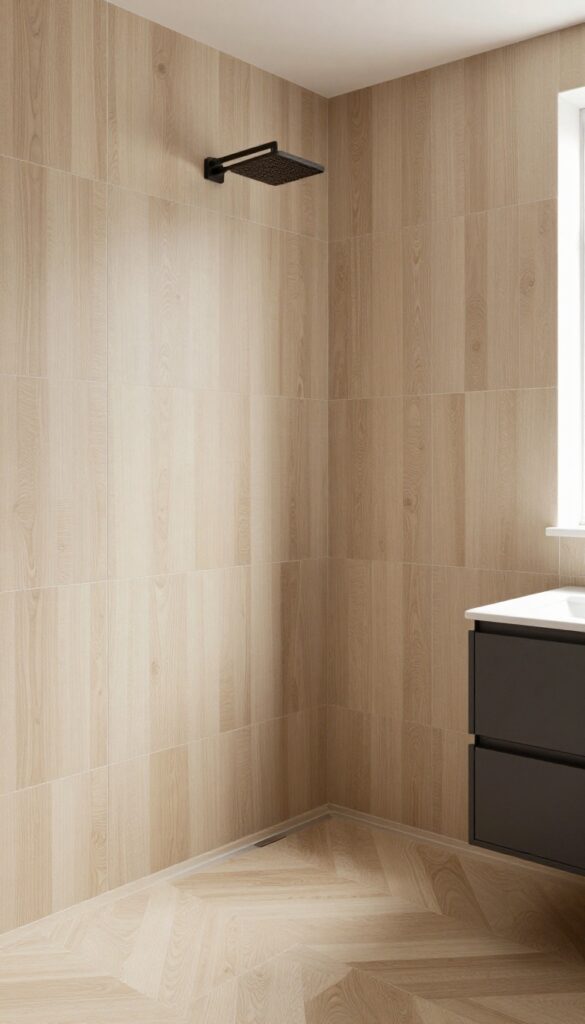 A seamless transition of wood tiles from the shower to the bathroom floor in a bright, modern bathroom with natural light and clean lines.
