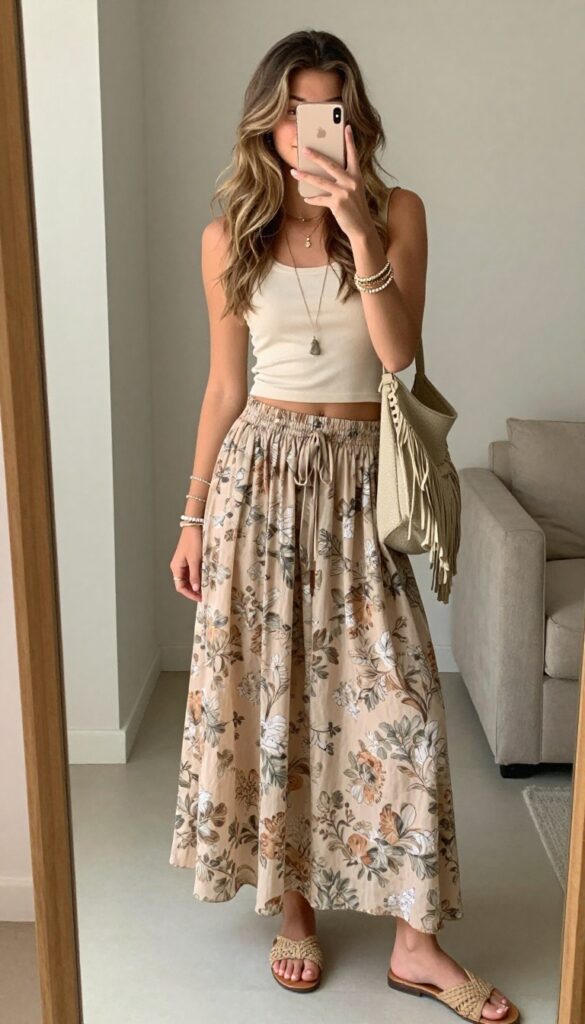 Woman in flowy floral maxi skirt and cropped cream tank taking a mirror selfie, showcasing boho summer outfit with sandals and fringe bag.