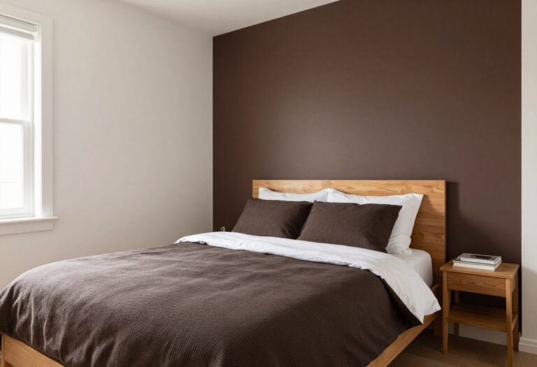 Cozy bedroom with dark brown accent wall and bedding for a home decor blog.