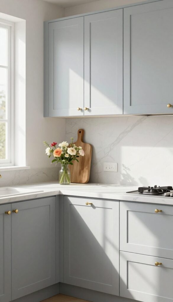 Light gray kitchen cabinets with blue undertones, white countertops, and natural light