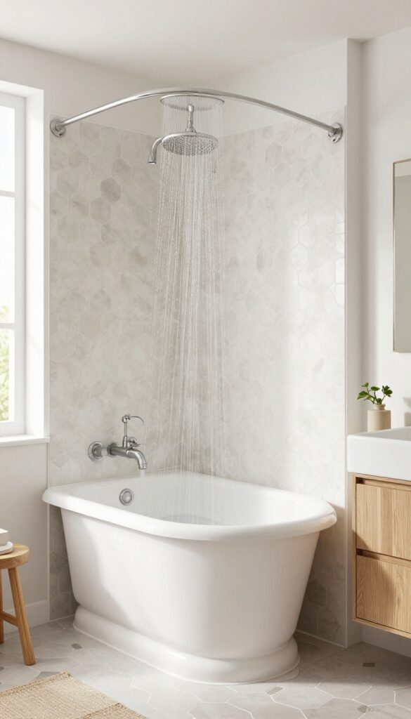 A vintage-inspired shower with retro fixtures and modern elements in a Bloxburg bathroom, blending nostalgic charm with practical upgrades in a bright, natural light setting.