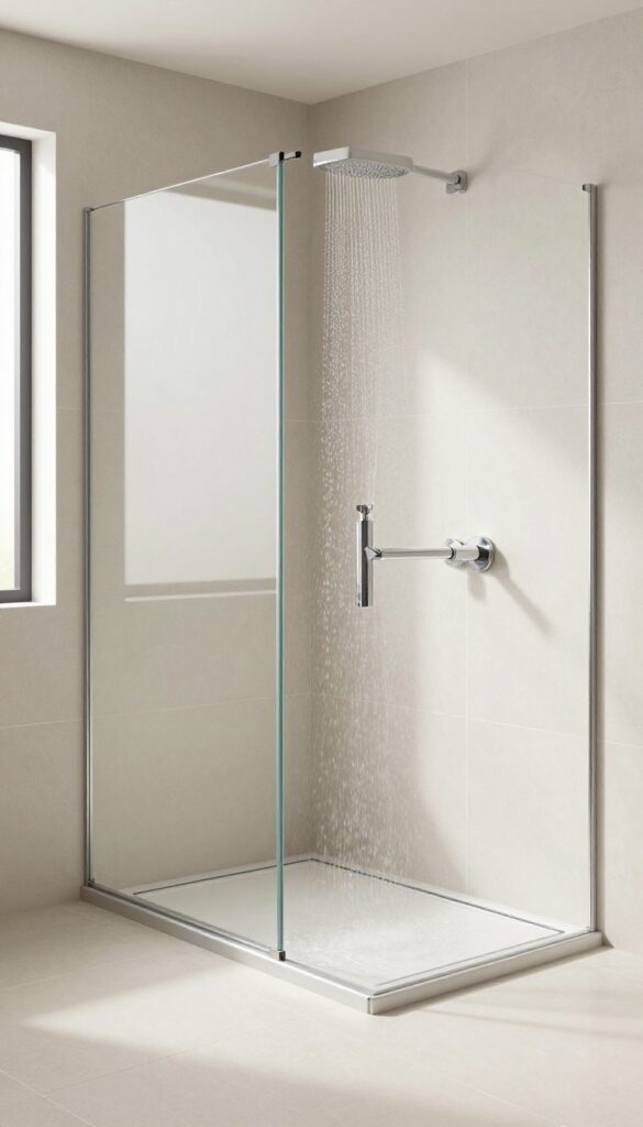 Modern curbless shower with sloped flooring directing water to a linear drain, featuring large-format tiles and natural lighting in a clean bathroom setting.