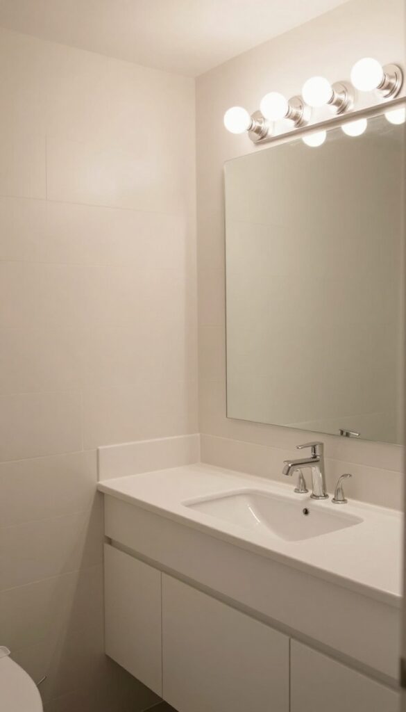 A welcoming guest bathroom with warm lighting from frosted bulbs and a sconce, creating a soft and relaxed atmosphere without harsh overhead lights.