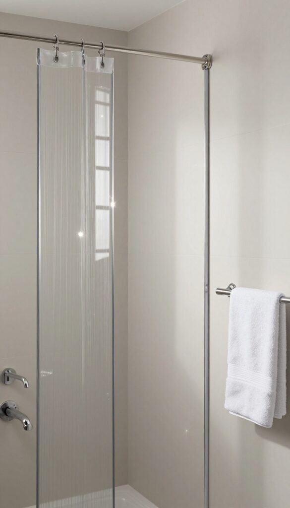 A modern bathroom shower curtain with metallic accents reflecting light in a clean, sophisticated setting.