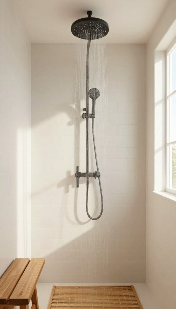 Matte black rain showerhead in a bright bathroom with light tiles and teak wood accents