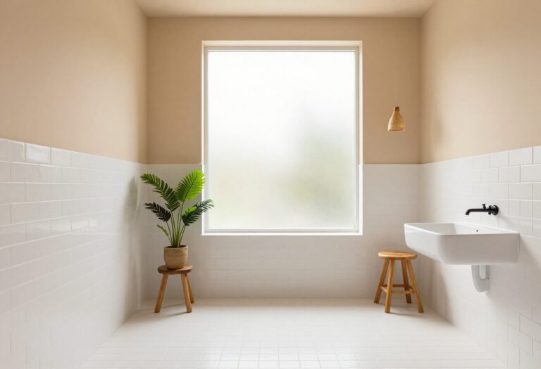 Bright bathroom with window in shower featuring frosted glass, white tiles, wooden stool, and plant