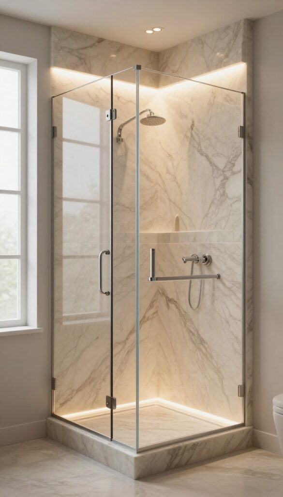A walk-in onyx shower with dimmable LED lighting highlighting the stone's veining in a bright, natural setting.