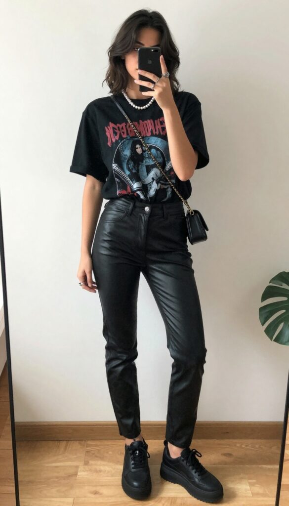Mirror selfie of a woman in a black graphic tee tucked into high-waisted black faux leather pants, wearing a medium-length pearl necklace, chunky platform sneakers, and a small black crossbody bag, in a bright room with a mirror and plant.