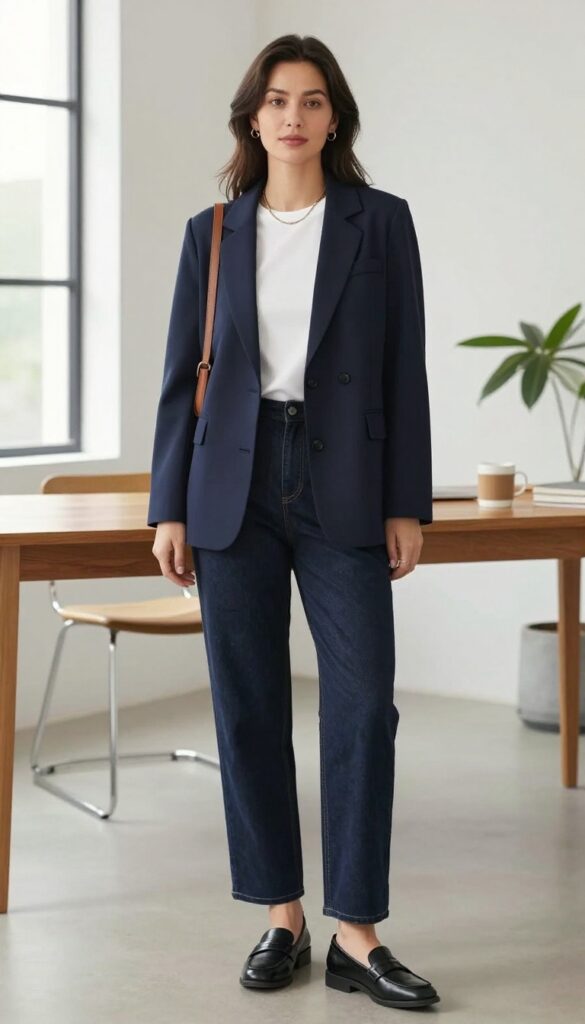 Mid-size woman wearing a navy blazer, white tee, straight-leg jeans, and loafers in a bright office-like setting.