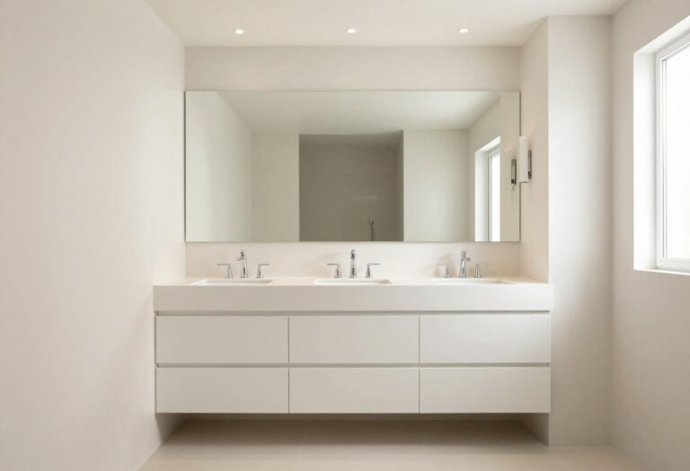 A balanced rectangle bathroom layout with a centered vanity and symmetrical storage elements in bright natural light.