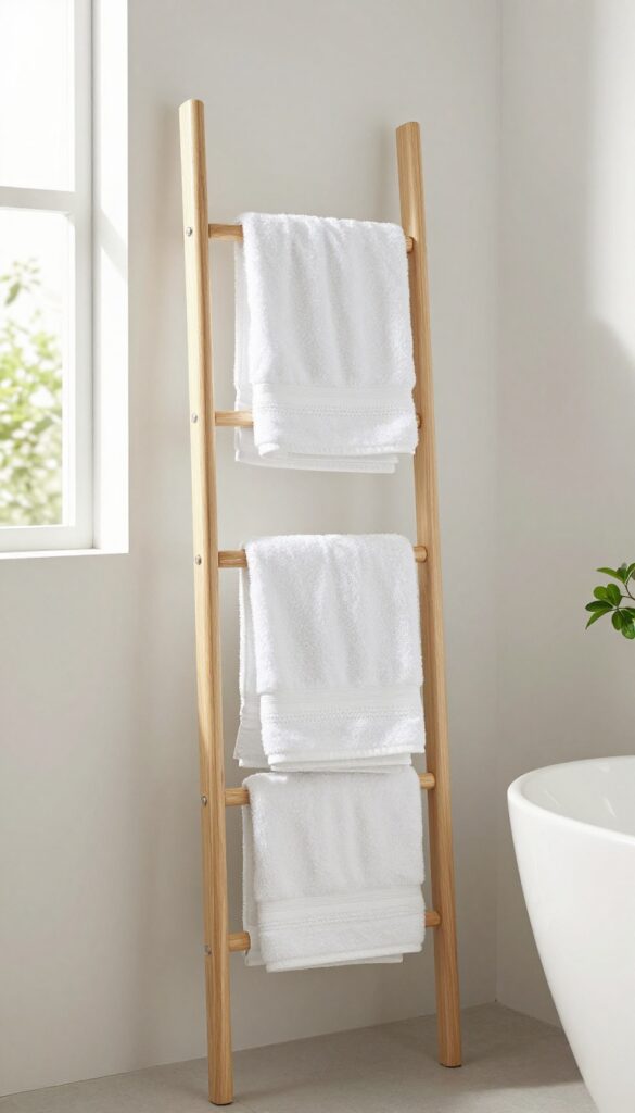 A wooden towel tree with multiple arms holding white towels in a bright bathroom