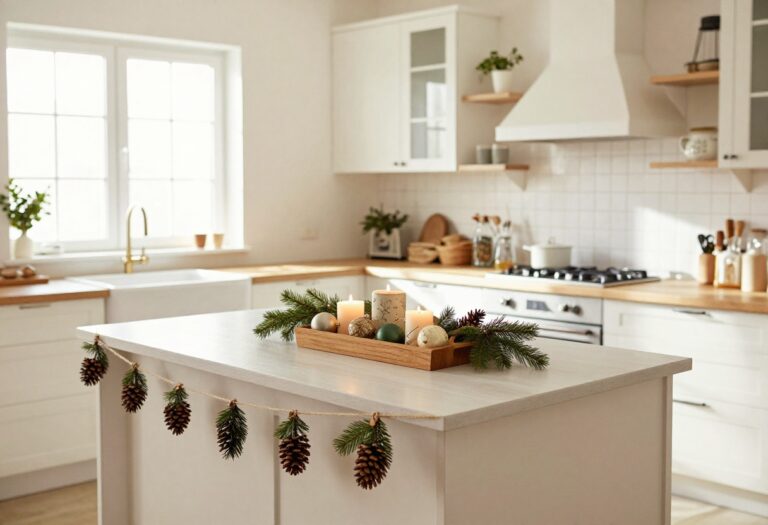 A kitchen island decorated for Christmas with a tray of ornaments, a candle, greenery, and a burlap garland