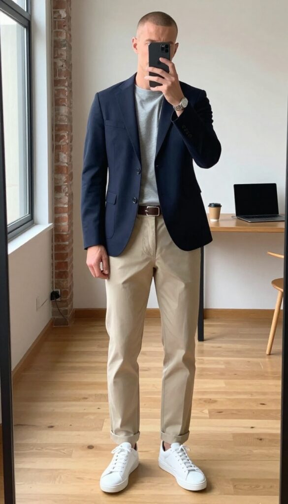 Man in casual blazer and t-shirt combo for business casual work outfit, mirror selfie