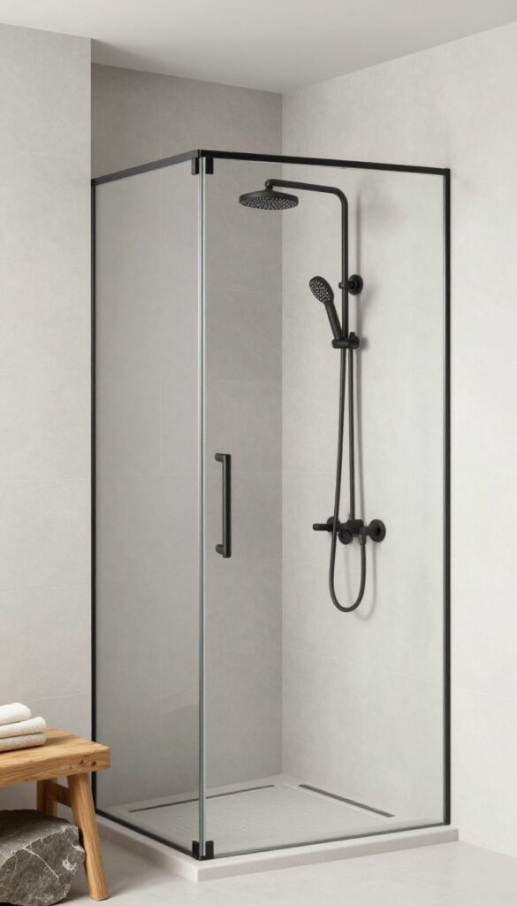 A modern walk-in shower with matte black fixtures against light gray tiles in a bright bathroom, showcasing a sleek and spacious design suitable for home decor inspiration.