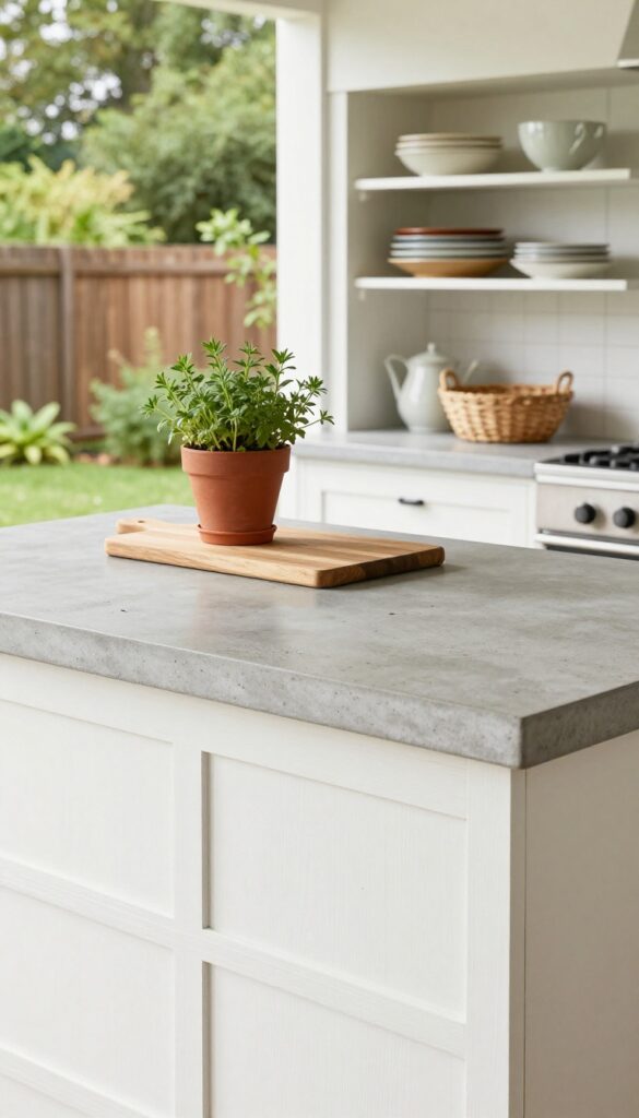Outdoor kitchen with concrete countertop on painted dresser, herbs and cutting board on top, open shelving behind, garden setting