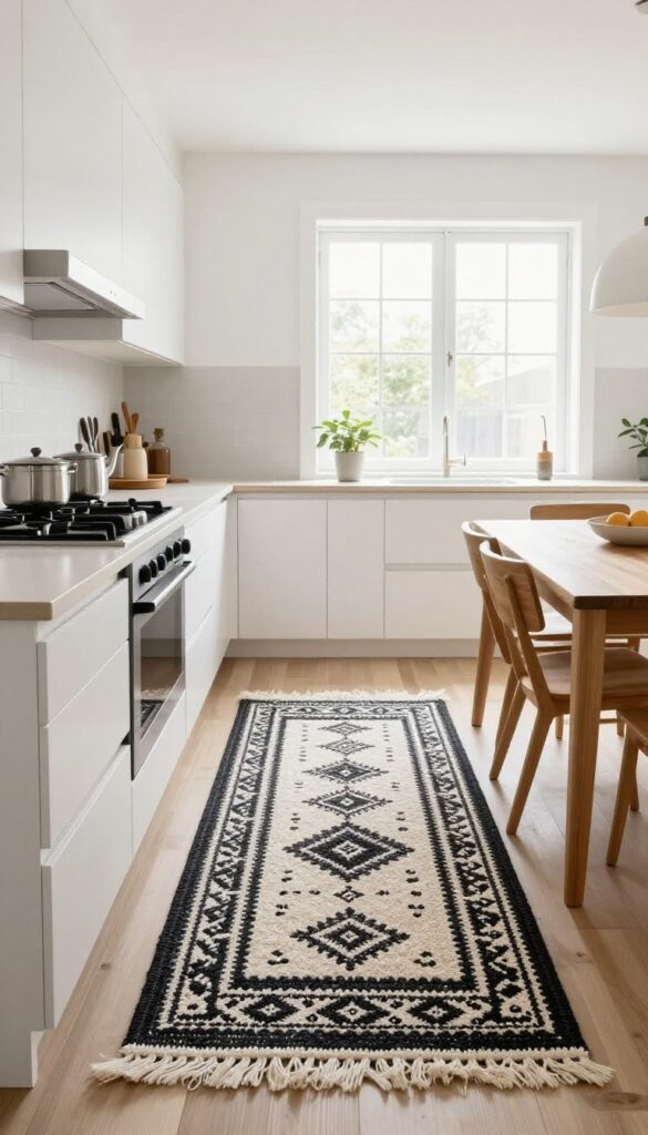 Layered rugs defining cooking and dining zones in a bright kitchen