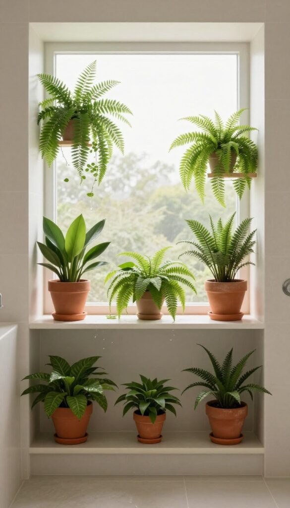Walk-in shower with layered plants on shelves for a fresh, spa-like look in natural light