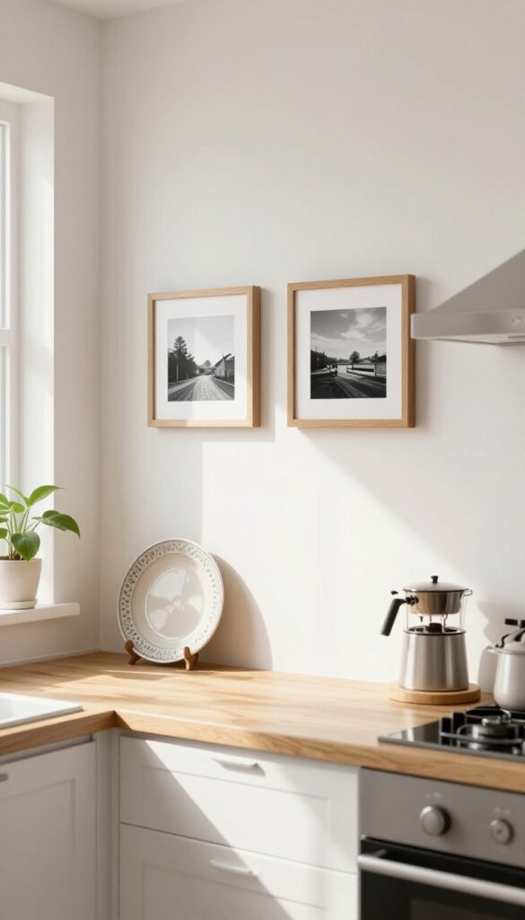 Kitchen with framed photos and decorative plate adding personal touches