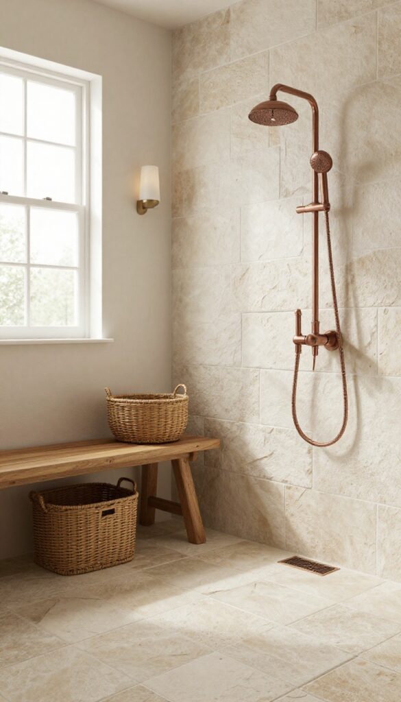 Rustic bathroom with stone-look tiles and copper fixtures in natural light, featuring wooden bench and woven baskets for a peaceful retreat vibe.