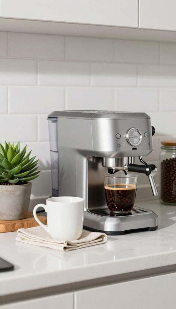 A bright kitchen countertop with a coffee corner vignette featuring an espresso machine, ceramic mug, coffee beans jar, and small plant.