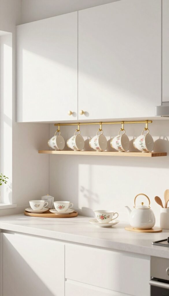 Teacups hanging from under-cabinet hooks in a bright kitchen