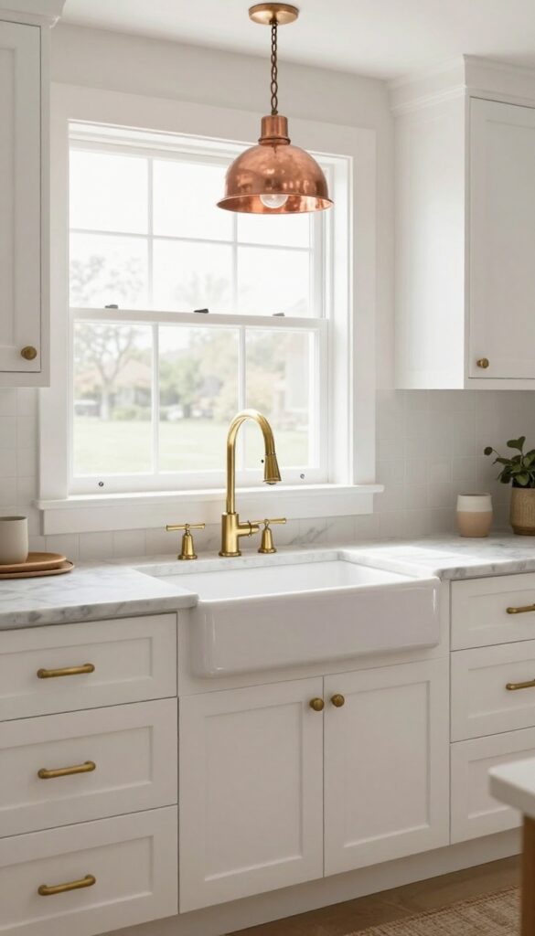 Kitchen with warm brass faucet and cabinet hardware, copper pendant light, white cabinets, marble countertop, natural light.