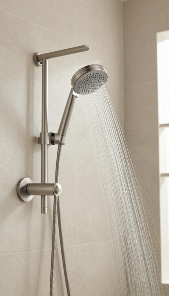 Modern shower faucet with pull-down sprayer in use
