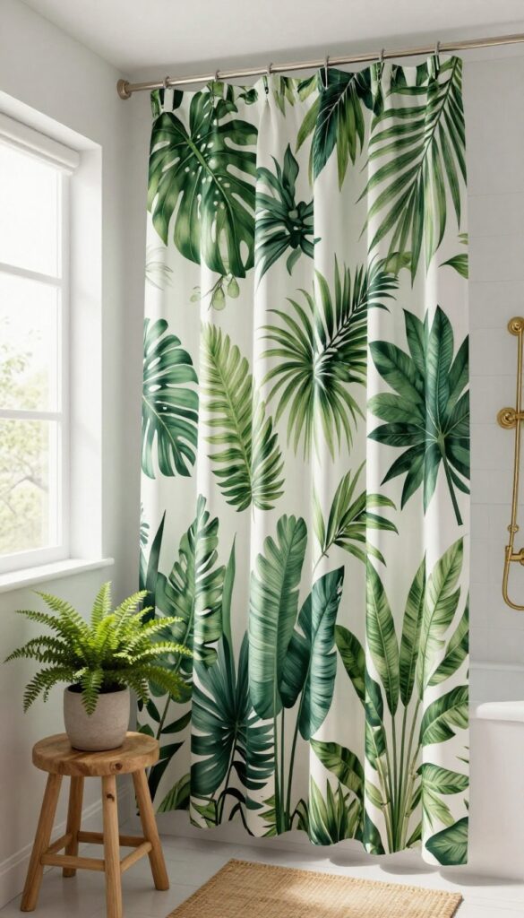 Small bathroom with ceiling-height botanical print shower curtain, wooden stool with plant, natural wood mats, bamboo accessories, and brass fixtures.