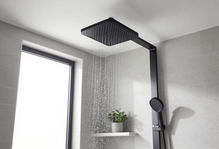 Modern bathroom with matte black rainfall shower head and gray tile