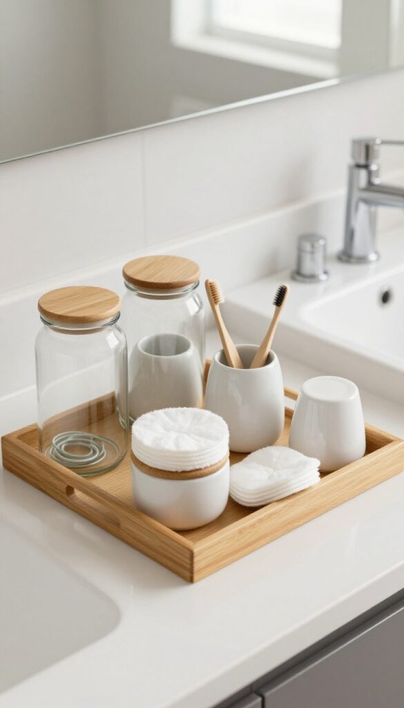 Decorative glass jars and ceramic containers organized on a bathroom countertop to reduce clutter and enhance aesthetics.