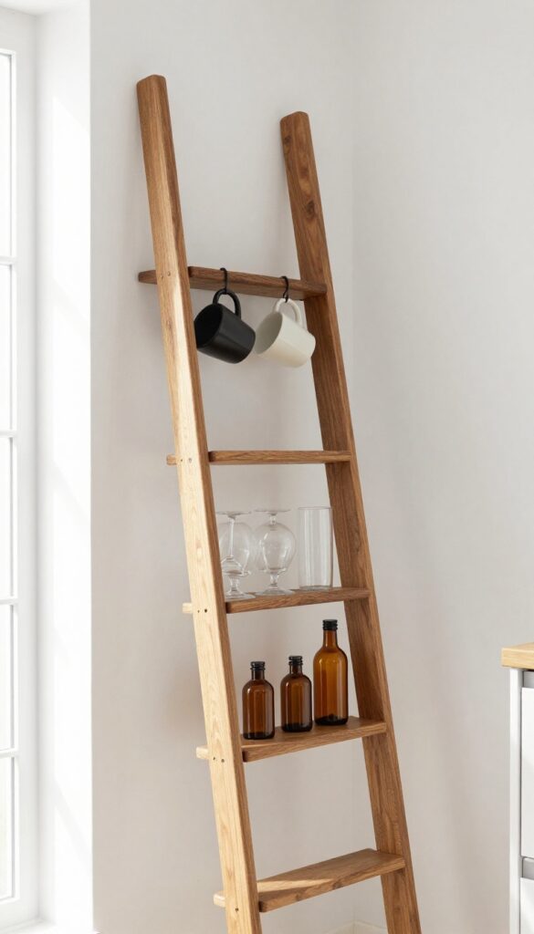 A ladder shelf bar display in a bright kitchen with mugs, glassware, and bottles arranged on open rungs and shelves.