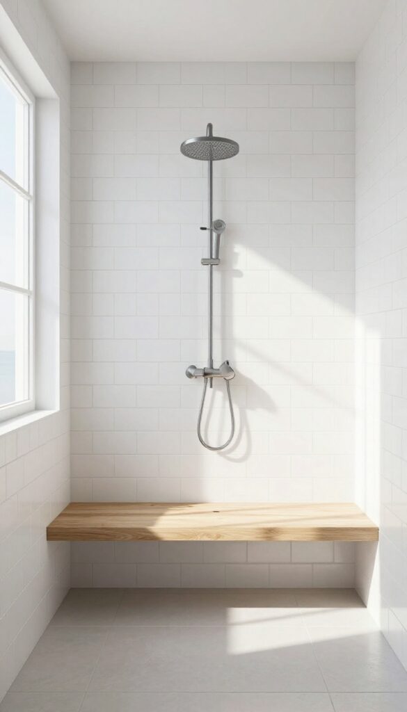 Vertical stacked white subway tile shower with teak shelf and natural light