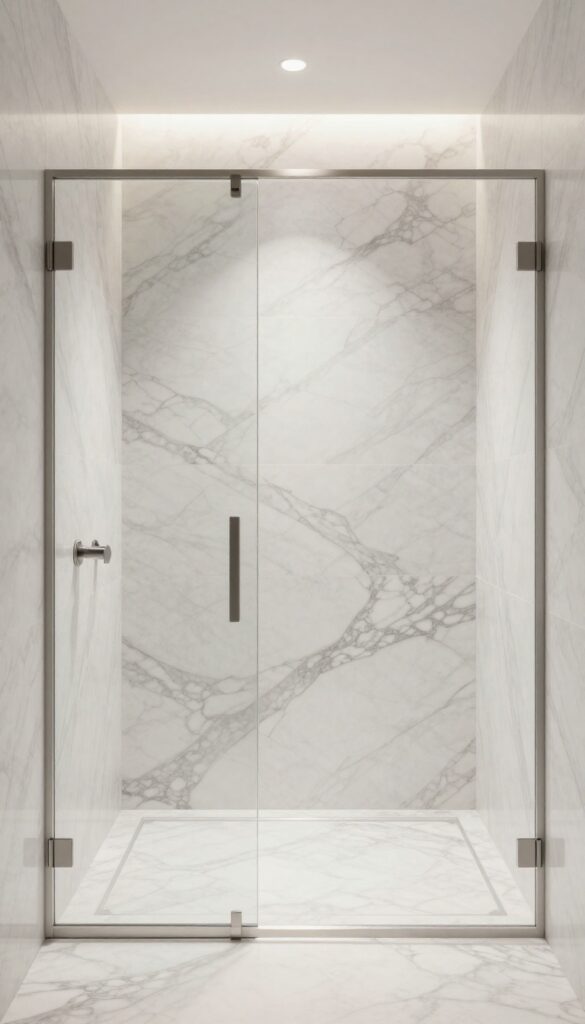 A luxurious shower with large-format marble slabs, minimal grout lines, natural veining, modern fixtures, warm lighting, and a clear glass door for a spa-like feel.