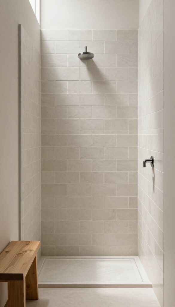 Minimalist shower with matte subway tiles in natural light, featuring soft texture and wooden accents for a cozy, modern bathroom design.