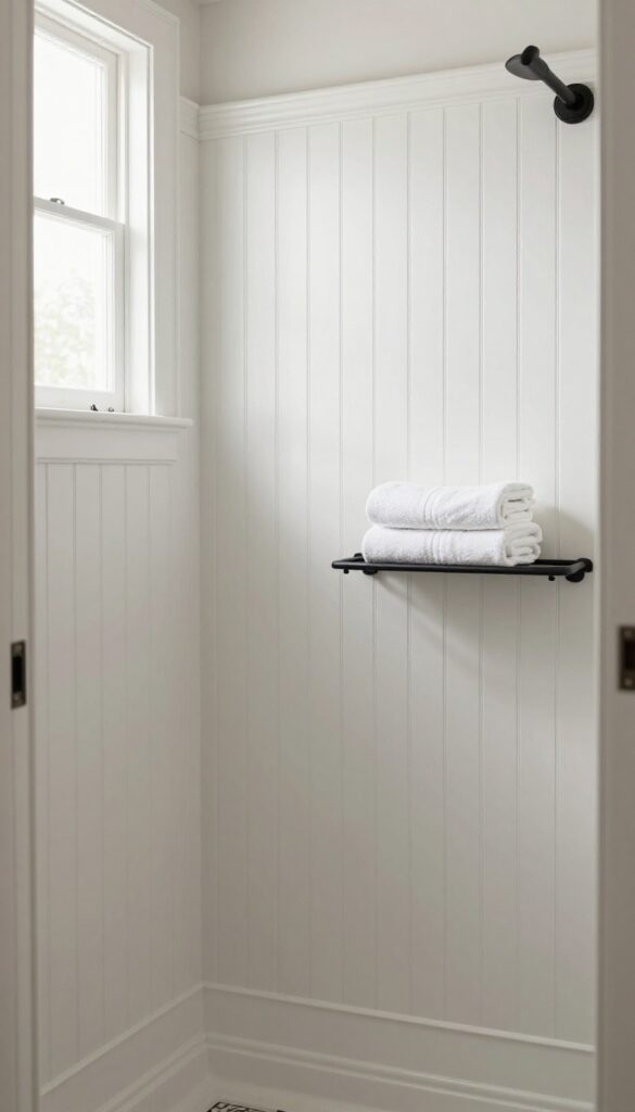 A photorealistic image of beadboard or wainscoting panels above a shower in a bright bathroom with natural light, showcasing classic white vertical panels with matte black fixtures and towels on a floating shelf.