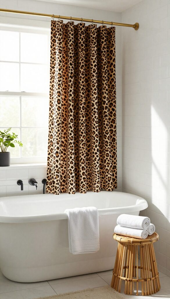 Bathroom with leopard print shower curtain in muted caramel and cream tones, white tiles, brass fixtures, bamboo stool, woven basket, natural light.