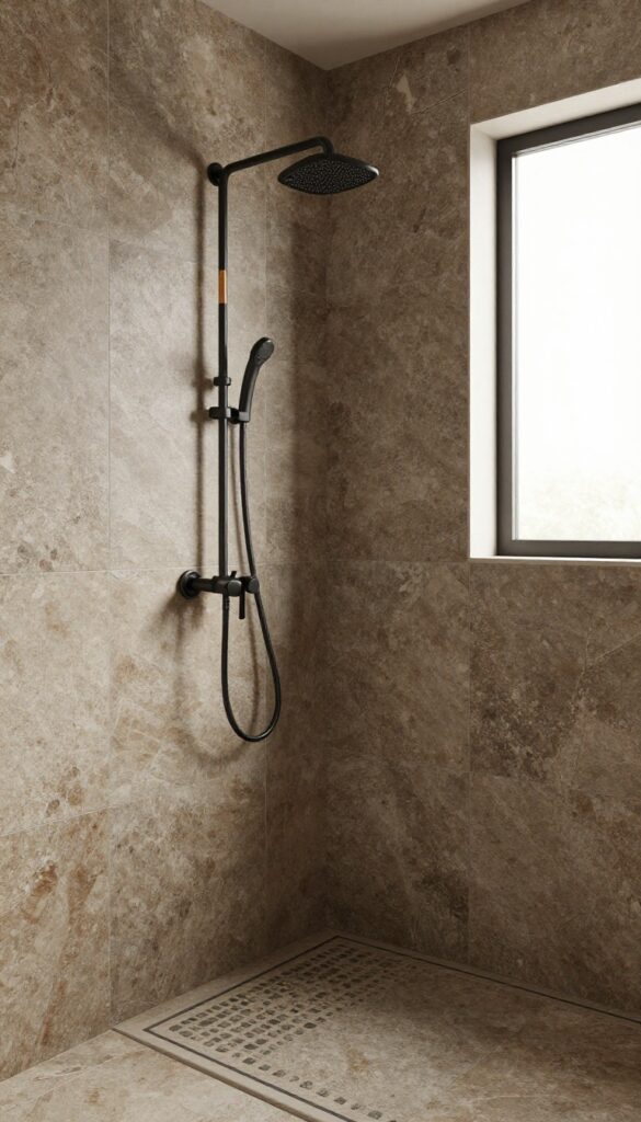 A shower with textured stone tiles in slate and travertine for natural warmth and durability.