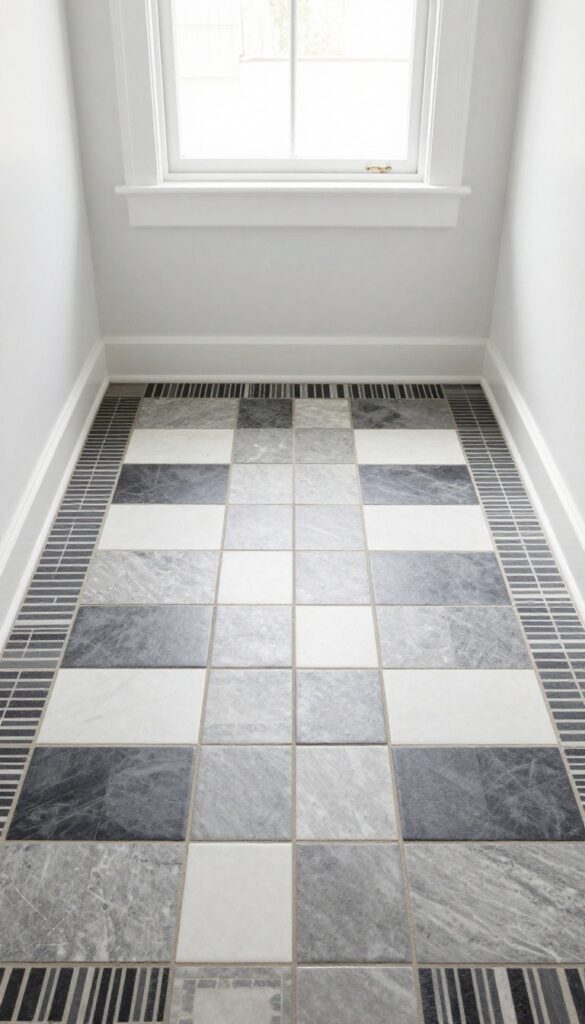 Patterned encaustic-style floor tiles in a small bathroom with black, white, and gray design for visual impact.