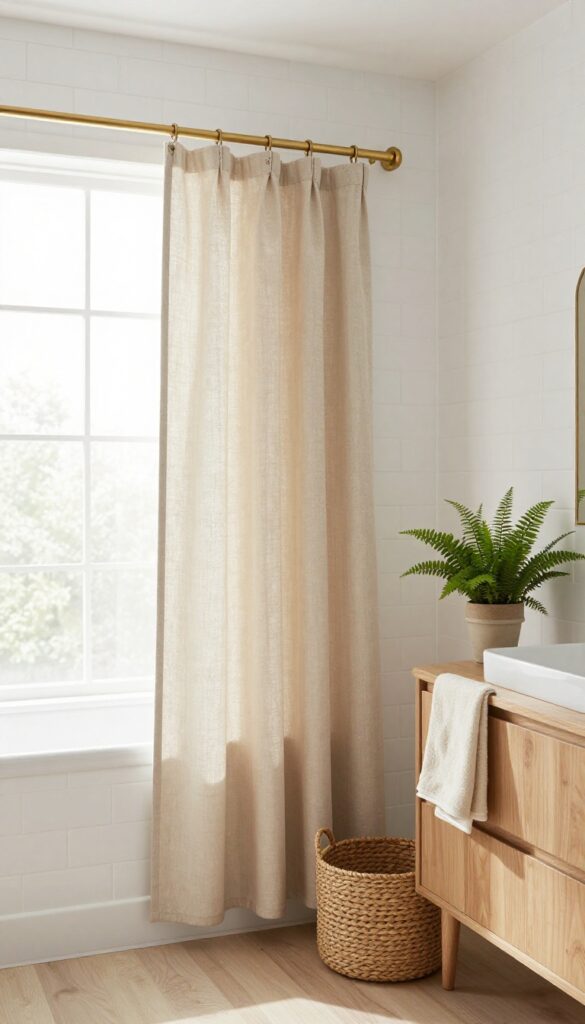 Modern bathroom with clay-colored shower curtain, white tiles, wood accents, and green plants in natural light